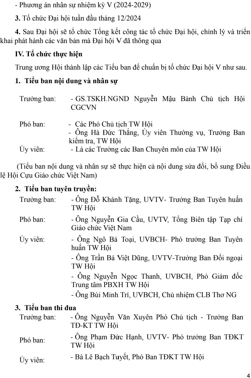KẾ HOẠCH CHUẨN BỊ TỔ CHỨC ĐẠI HỘI ĐẠI BIỂU TOÀN QUỐC HỘI CỰU GIÁO CHỨC VIỆT NAM Lần thứ V, nhiệm kỳ 2024-2029